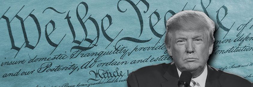 A collage of Donald Trump in front of the US Constitution