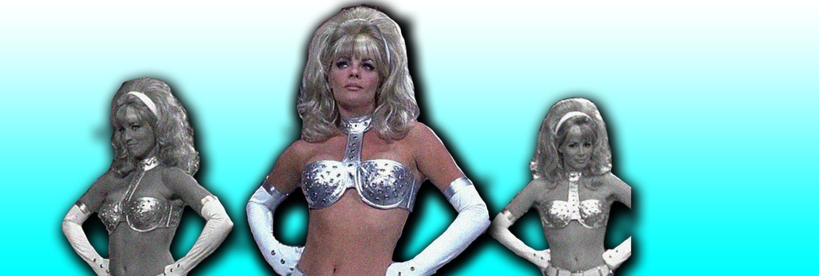 Photos of a woman in a blonde wig and a silver bikini