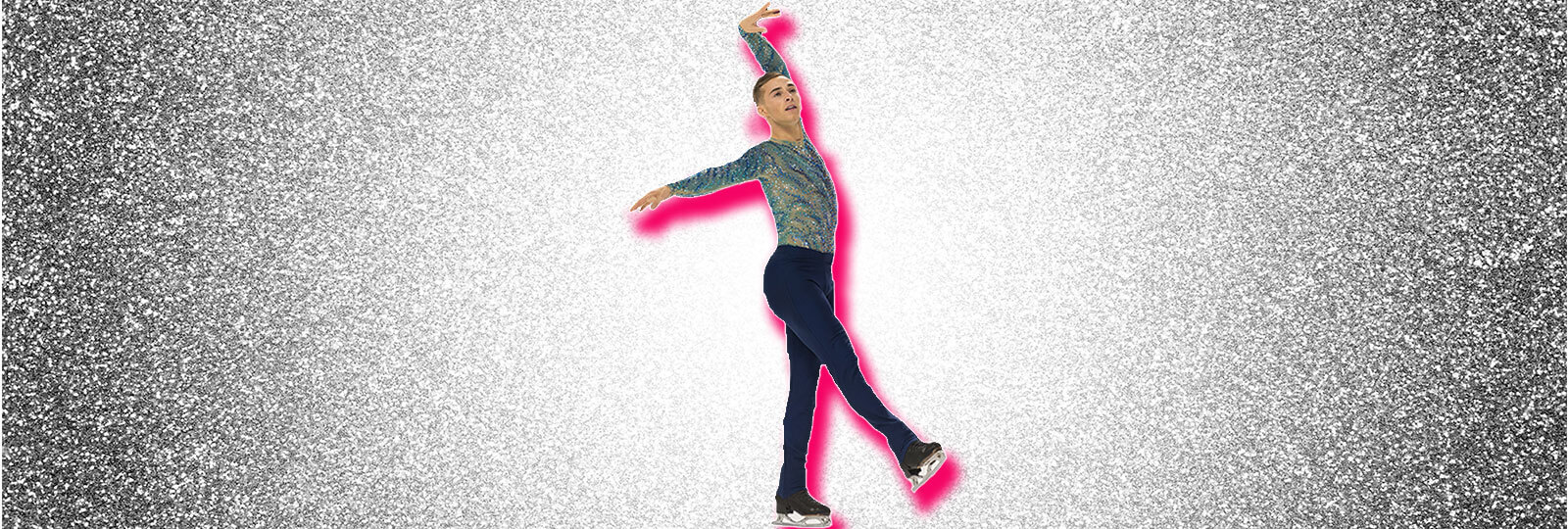 A photo of Adam Rippon skating on a sparkly silver background