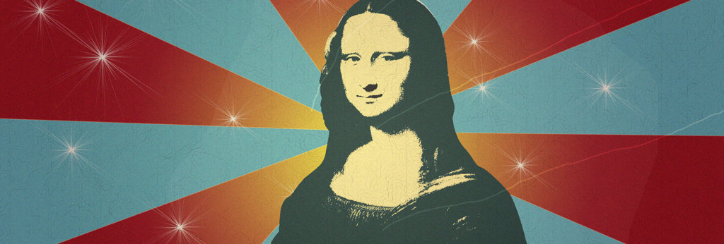 A photo of Mona Lisa with blue and red spiral background.