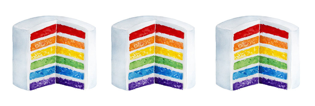 Collage of three white cakes. One slice is taken out, and the layers inside are different colors of the pride flag.