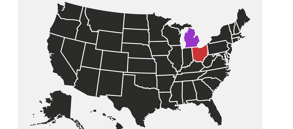 A map of the United States in black, except Michigan is highlighted in purple and Ohio in red.