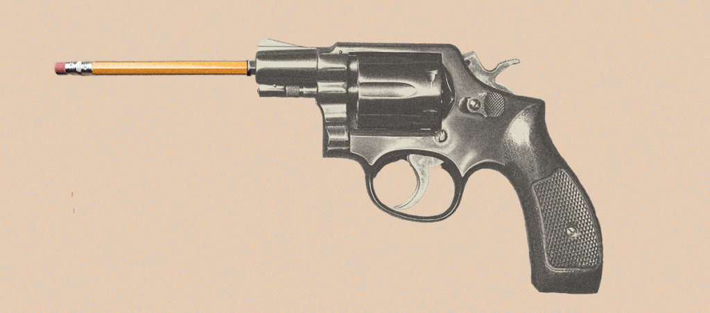 An illustration of a pencil stuffed inside of a gun.