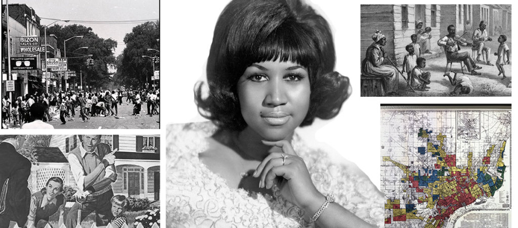 A collage with a photo of Aretha Franklin in the center.