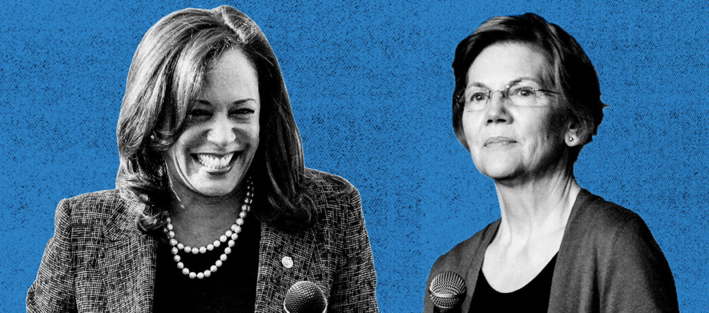 A collage of photos of Kamala Harris and Elizabeth Warren