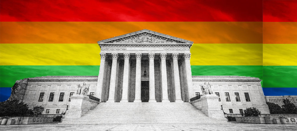 The US Supreme Court with the LGBTQ+ flag in the background.