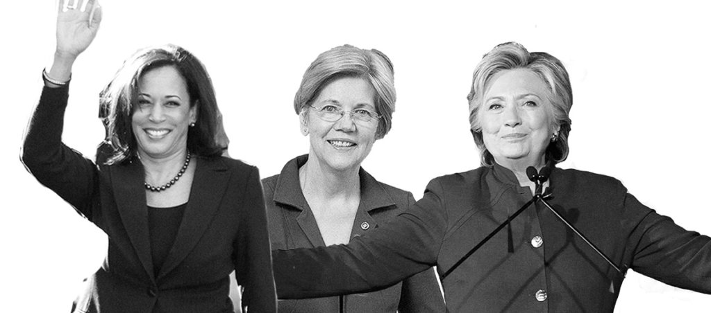 A collage of black and white photos of Kamala Harris, Elizabeth warren and Hillary Clinton