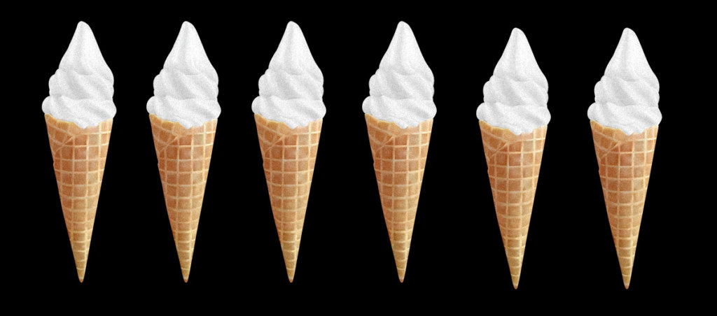 A collage of six ice cream cones with white ice cream in them.