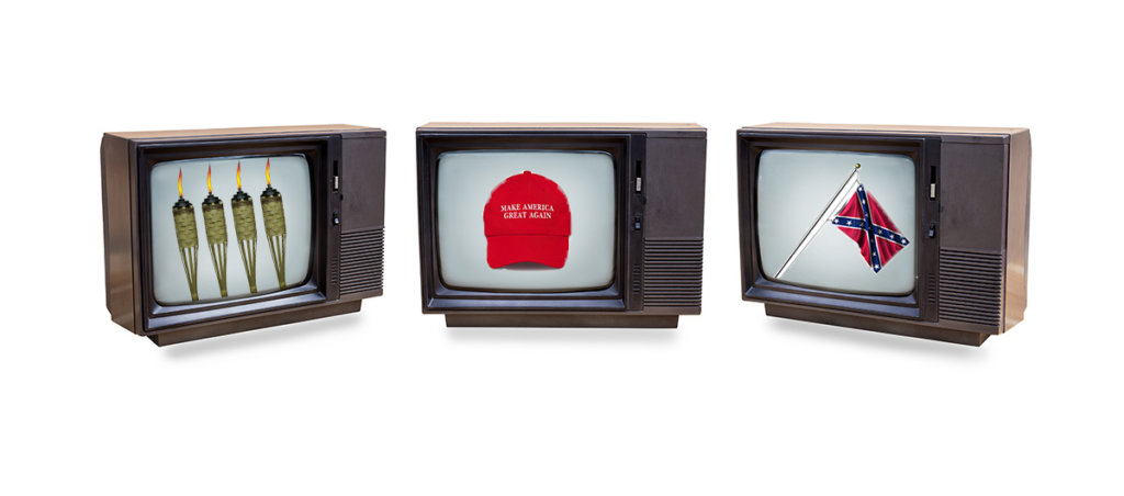 A collage of three televisions. One television has a MGA hat in it. Another has a Confederate flag.