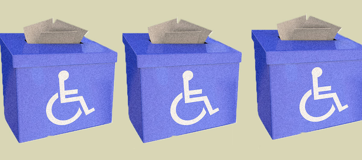 A collage of voting boxes with the disability wheel chair on it and votes stuffed inside the boxes.