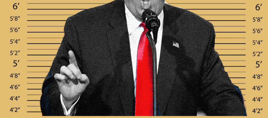 A photo of Trump from below his nose to mid-stomach with a height measurement background.