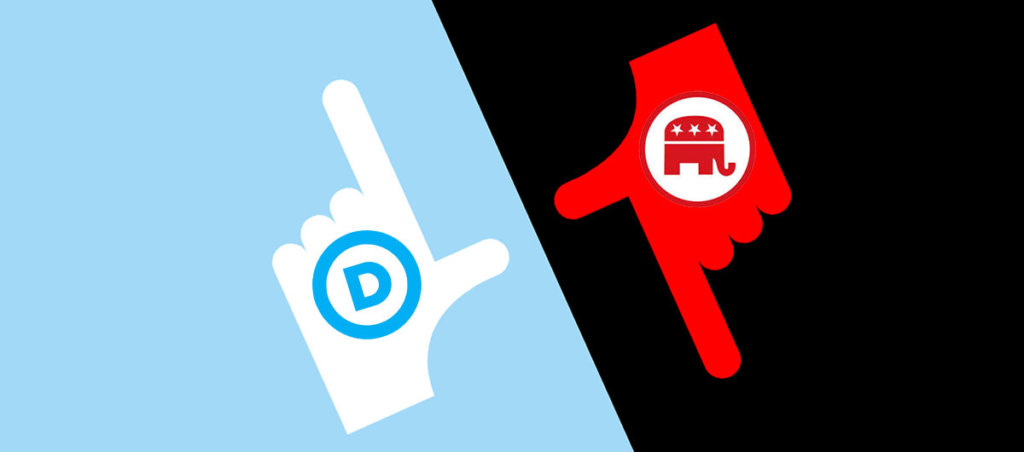 A hand making the "loser" hand sign with a Democratic sign on the left and a hand facing down making the "L" sign with a Republican sign on it.