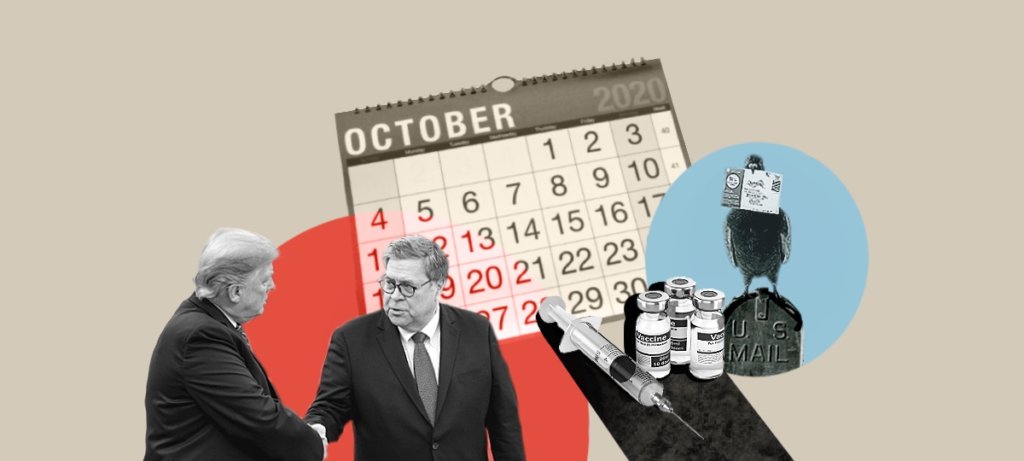 A collage of William Bar shaking Donald Trump's hand, an October 2020 calendar, vials of vaccines, and a pigeon on top of a mailbox.