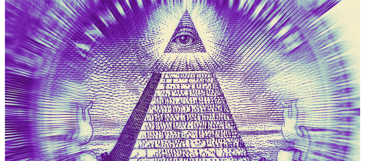 A collage of a distorted Illuminati symbol.