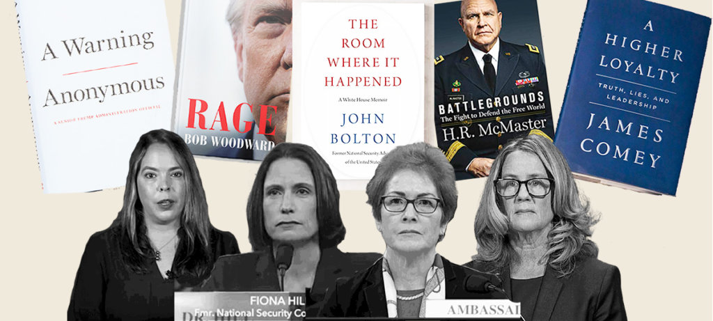 A collage of photos of Dr. Christine Blasey Ford, Marie Yovanovitch, Fiona Hill, and Olivia Troye, and covers of the books "A Warning," "Rage" by Bob Woodward, "The Room Where It Happened" by John Bolton, "Battlegrounds" by H.R. McMaster, and "A Higher Loyalty" by James Comey.