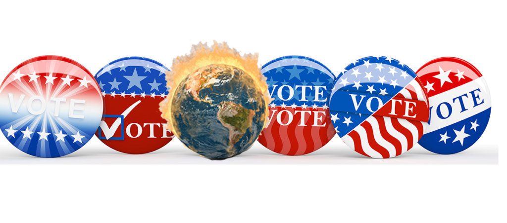 A collage of five pins that say "Vote" on them and a pin-sized Earth that is on fire.