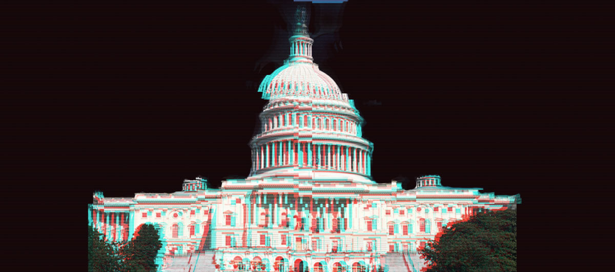 The US Capitol building on a black solid background with a distorted, glitch effect.