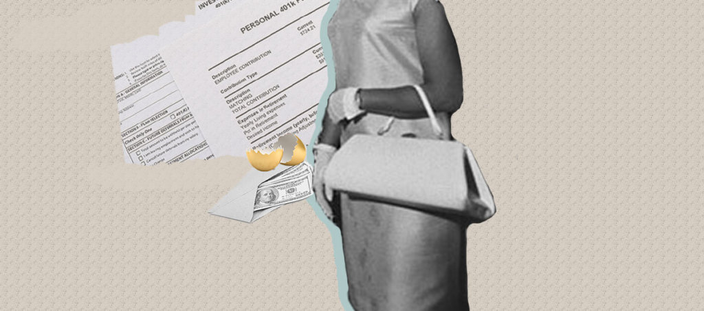 A collage of a woman of color in a dress, money and a personal 401k statement.