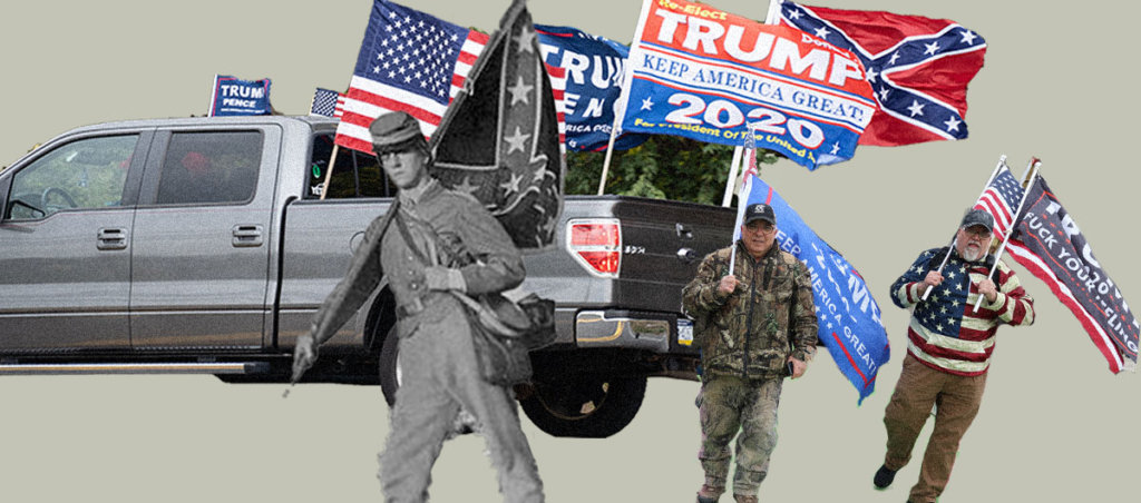 A collage of people holding Trump 2020 and Confederate flags.