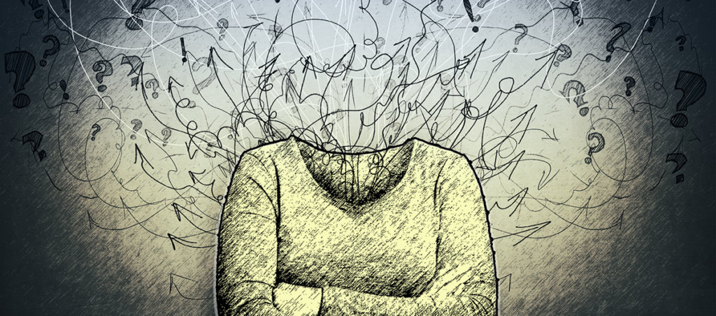 An illustration of someone's shirt and squigly lines flying out where their head should be.