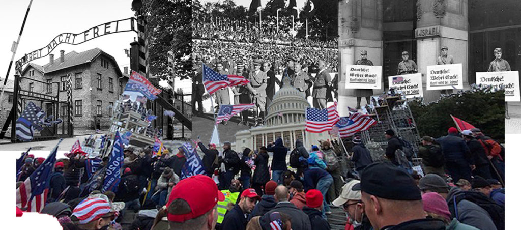 A collage of photos from the Jan. 6 coup and photos from World War II.