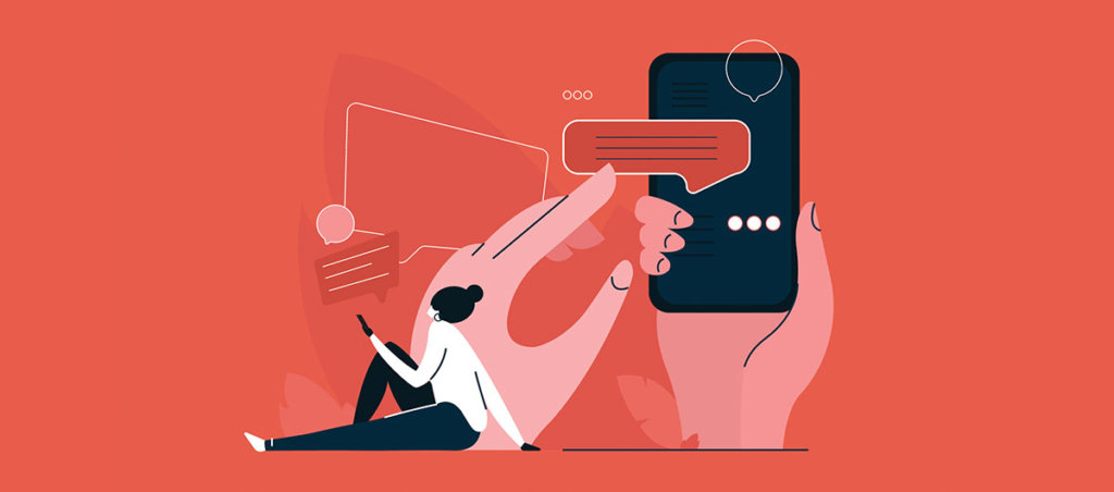 A collage of illustrations of someone holding a phone and another person looking at their phone.