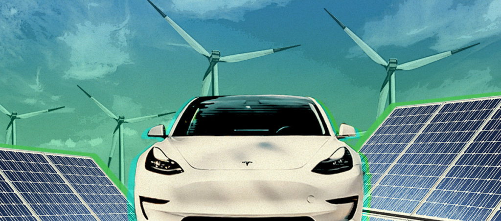 A Tesla car, solar panels and windmill in a collage style illustration