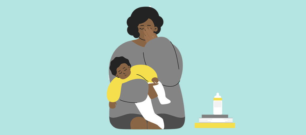 illustration of a Black woman, looking tired, holding a baby in her lap. A bottle sits atop a stack of books next to her