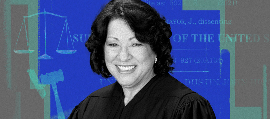 Supreme Court Justice Sonia Sotomayor. Background has colorized gavel, scales of justice and an image of a dissent paper