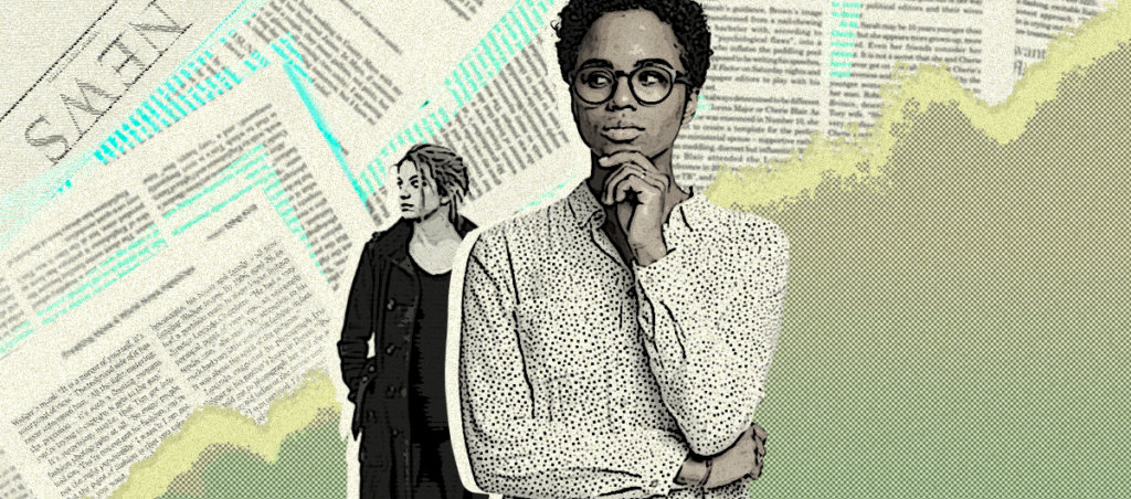 Black woman in glasses in foreground looking off to the side, with her hand on her chin, white woman in background also looking off to side, on a artistically rendered collage of newsprint