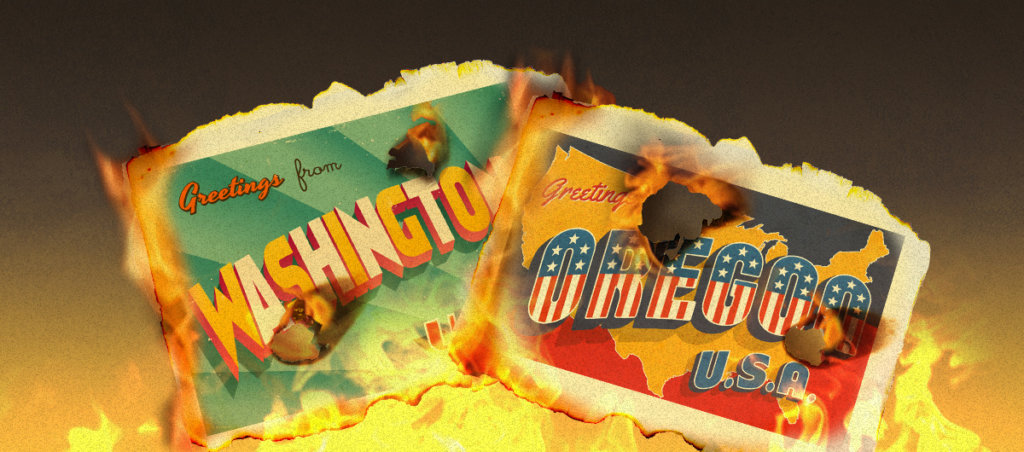 Washington and Oregon state post cards on fire.