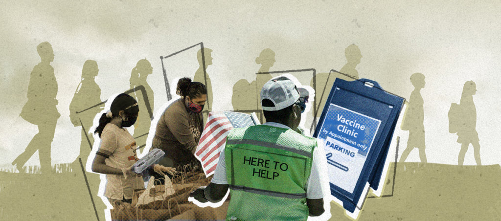 A collage of people backing stuff into bags, someone wearing a "here to help" shirt, a sign pointing to a vaccine clinic with shadows of people walking in the background.