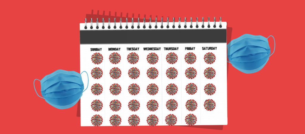 A calendar without a month on it with the coronavirus symbol on every day with two surgical masks next to it