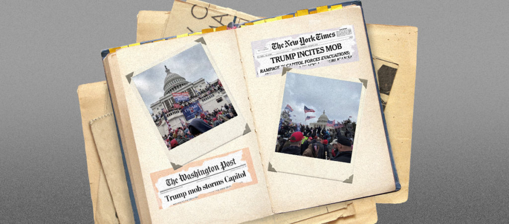 A collage of a folder on top of other folders with photos of the Jan. 6 coup and headlines from Washington Post and New York Times.