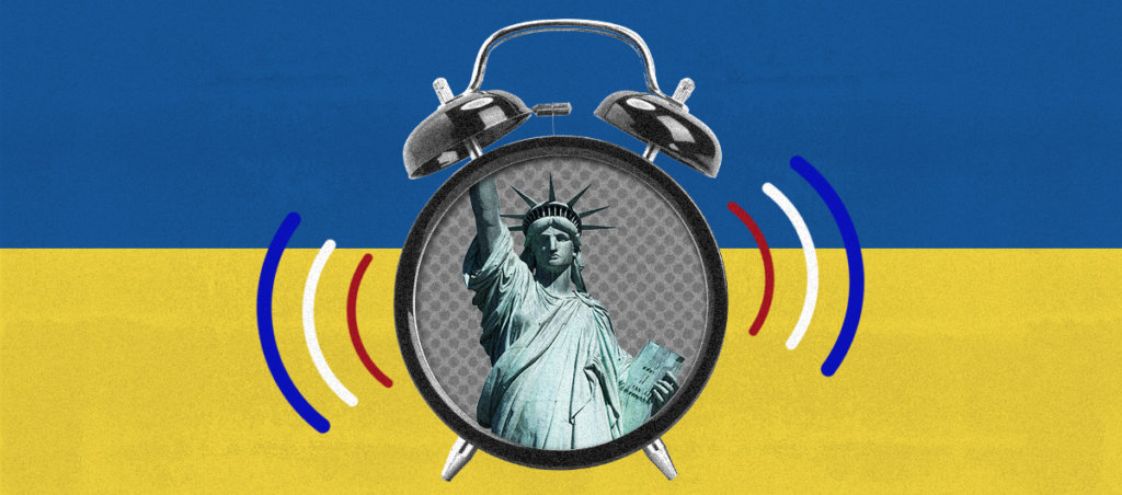 The Statue of Liberty in a clock that's ringing, and in the background are blue and yellow stripes