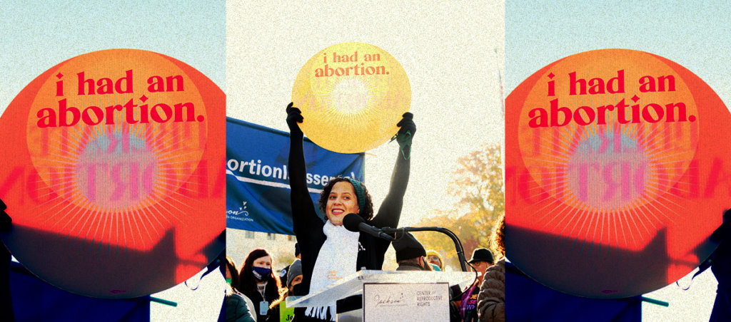 A photo of activist Bracey Sherman holding up a sign at a rally that says "I had an abortion." The sign she is holding is also to the right and left of the main image.