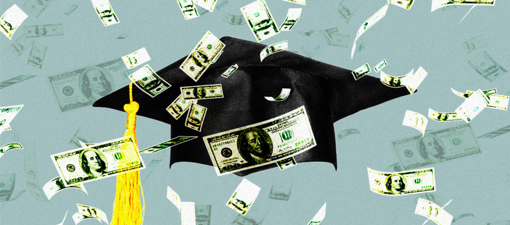 an isolated graduation cap with dollar bills floating around it