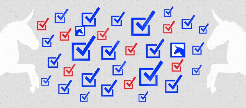 blue and red checkmarks, indicating voting. the checkmarks are flanked by donkeys, indicating democrats